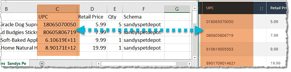 Image showing the difference between the way Excel formats UPCs initial and the way the eTailPet system needs them.