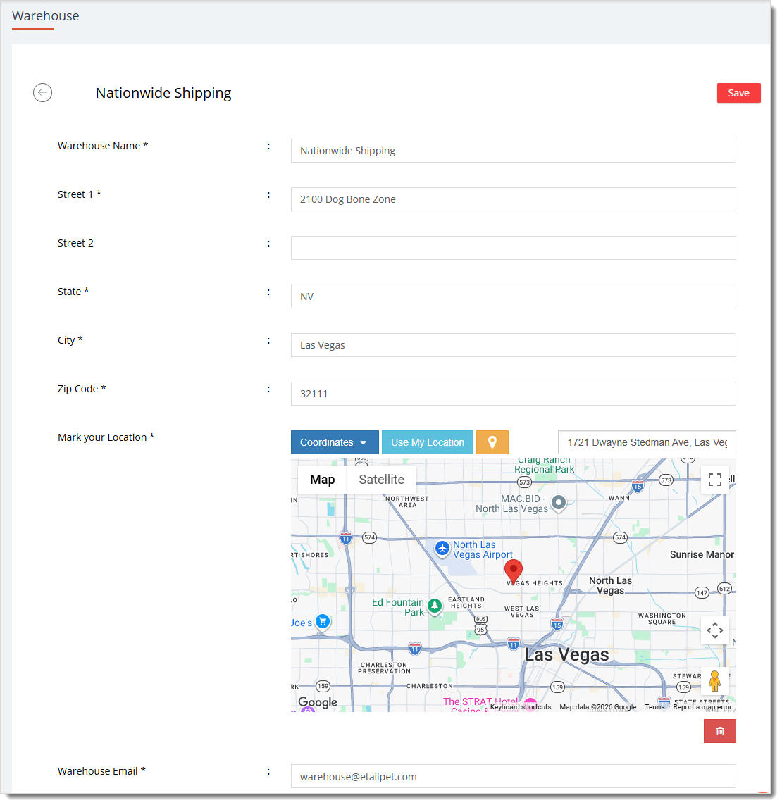 Image showing the Warehouse details page in Settings in the eTailPet system.