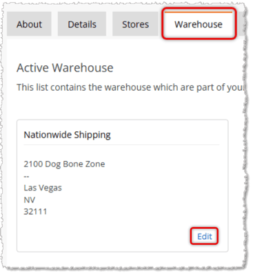 Image showing the Edit button on the Warehouse tab of Settings in the eTailPet system.