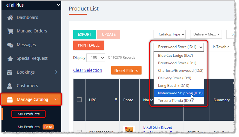 Image showing the Store filter on the My Products page in the Manage Catalog area of the eTailPet system.