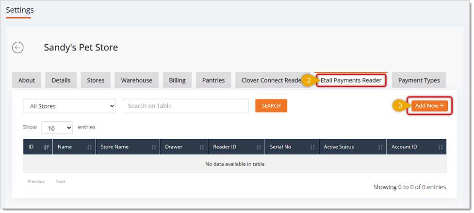 Image showing the Etail Payments Reader tab of the eTailPet Dashboard with key features highlighted.