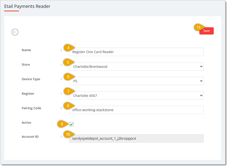 Image showing the card reader setup page in the eTailPet system.