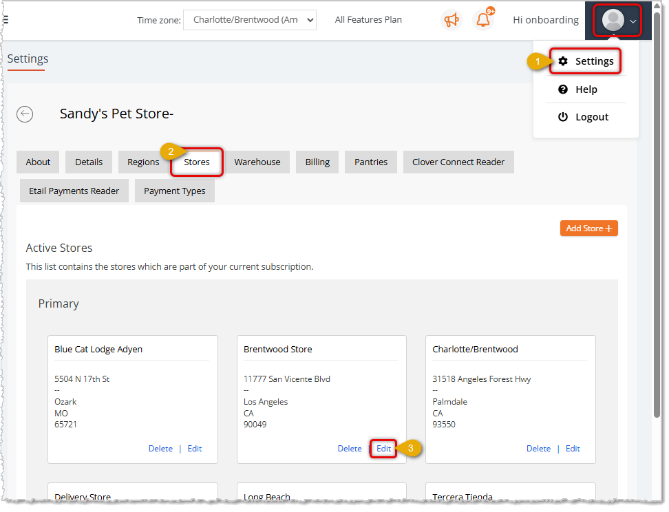 Image showing steps in the settings for a store in th eTailPet system to begin label printer setup.