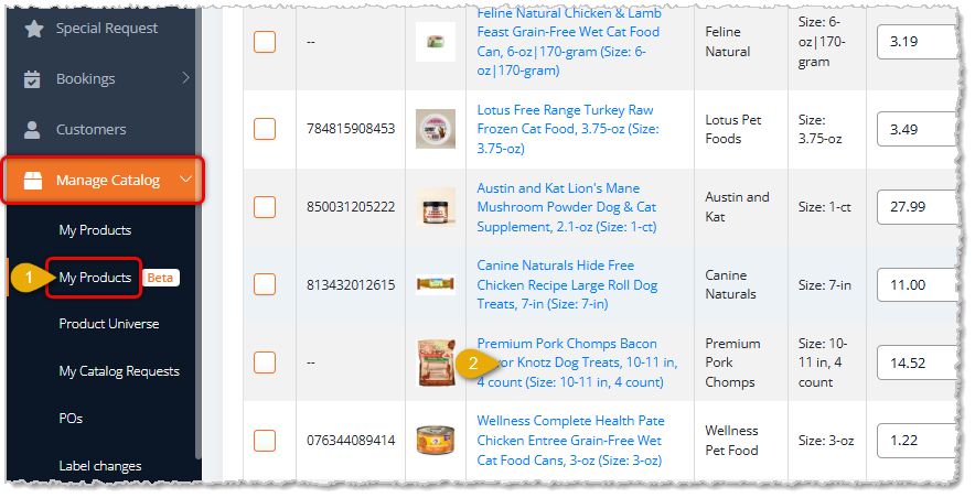 Image showing how to open a product's Details page from the My Products page of Manage Catalog in the eTailPet system.