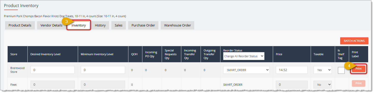 Image showing how to print product labels from the Inventory tab of the Product Details page in the eTailPet system.