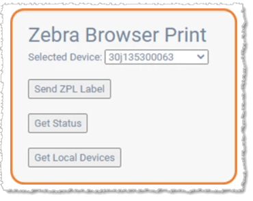 Image showing the Zebra Browser Print utility for label printing from the Chrome browser.