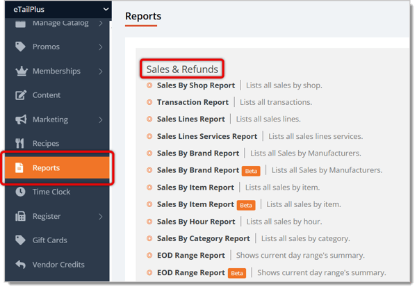 Image highlighting the Reports selection in the main menu and the Sales and Refunds reports section in Reports.